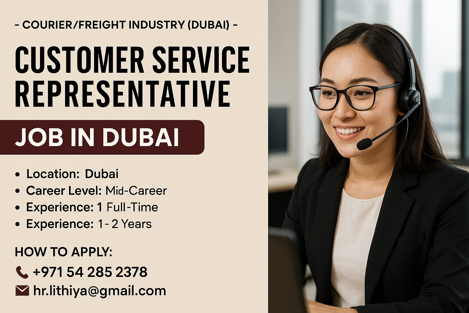 Friendly customer service representative in a Dubai office setting, wearing a headset and assisting clients via computer, surrounded by logistics screens and courier packages