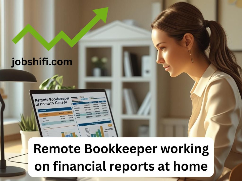 Remote bookkeeper using a laptop to manage invoices and balance sheets from a home office in Canada.